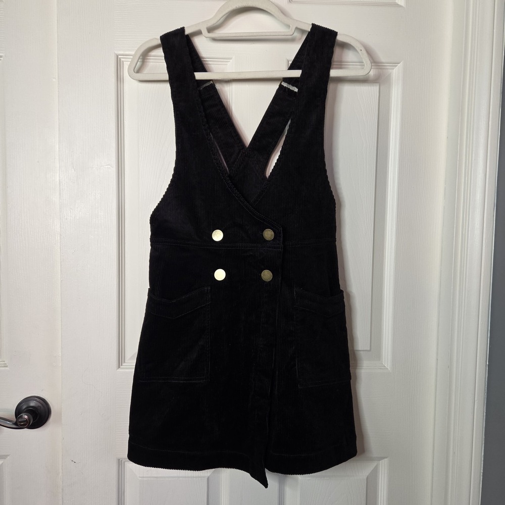 FP Black Corduroy Pinafore Dress Double Breasted Mini Jumper Size 4 Preppy Y2K